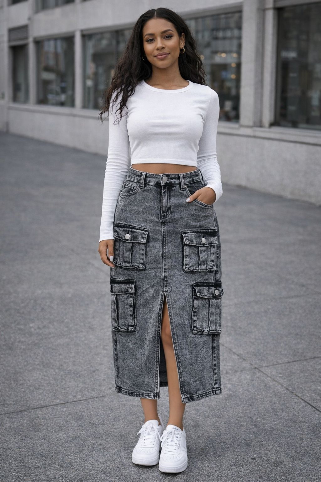 urban cargo midi denim skirt