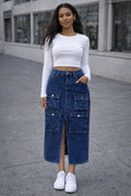 classic blue cargo denim midi skirt