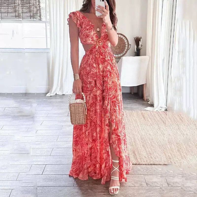 Coral bloom cut-out maxi dress