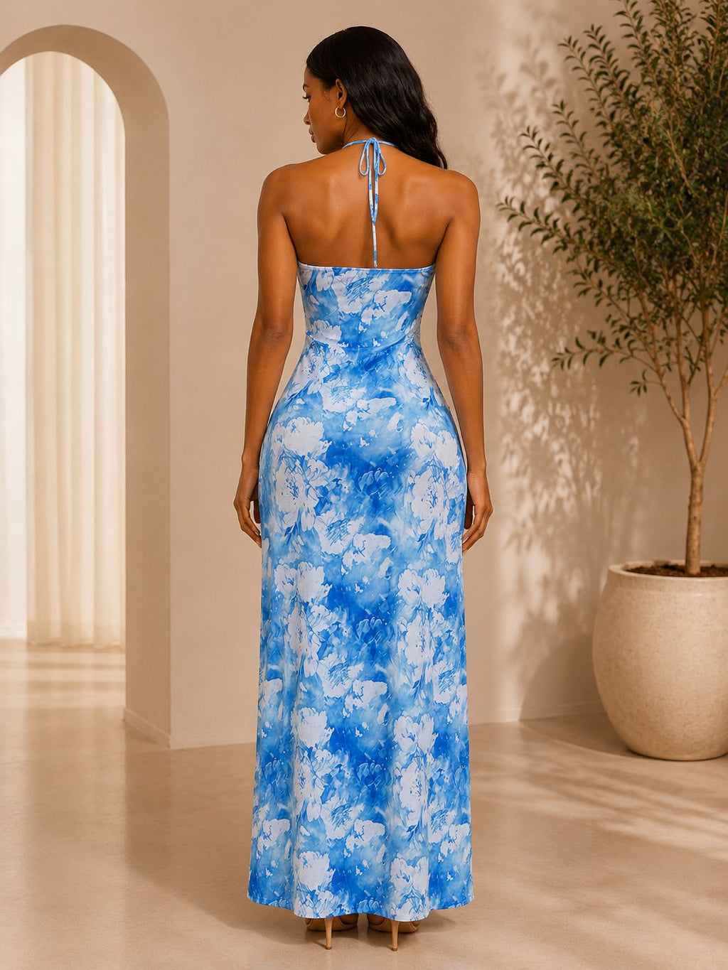 sky blossom halter maxi dress