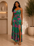 Tropical bloom ruched maxi dress