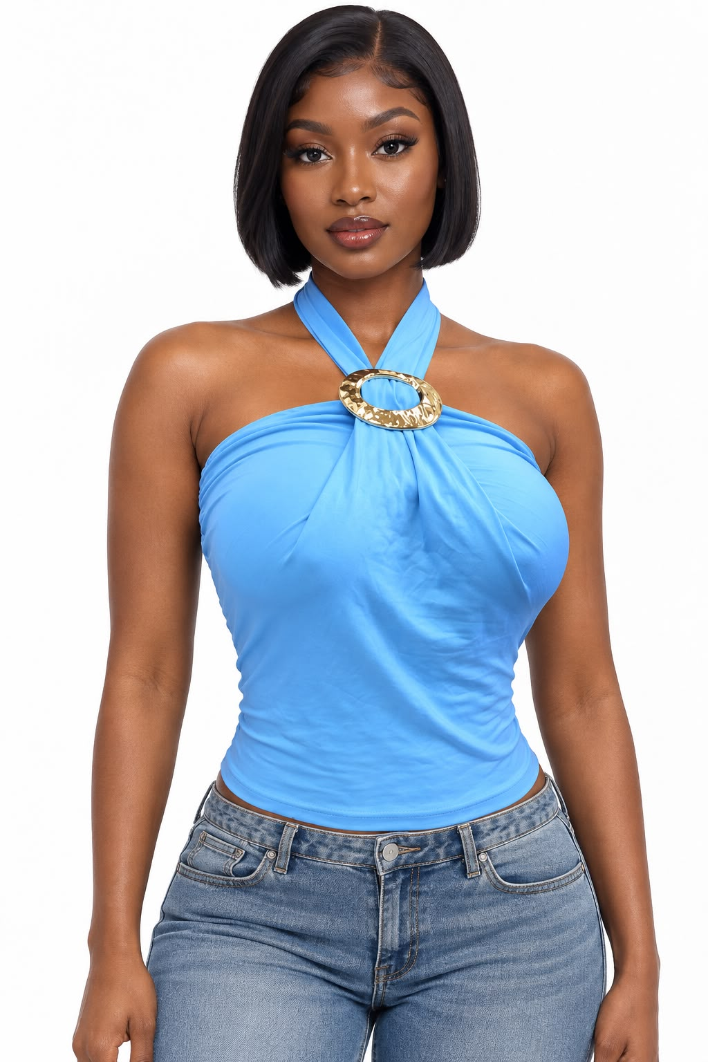 Blue stretch halter top front view