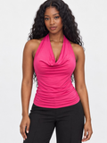 Pink ruched halter cowl neck top