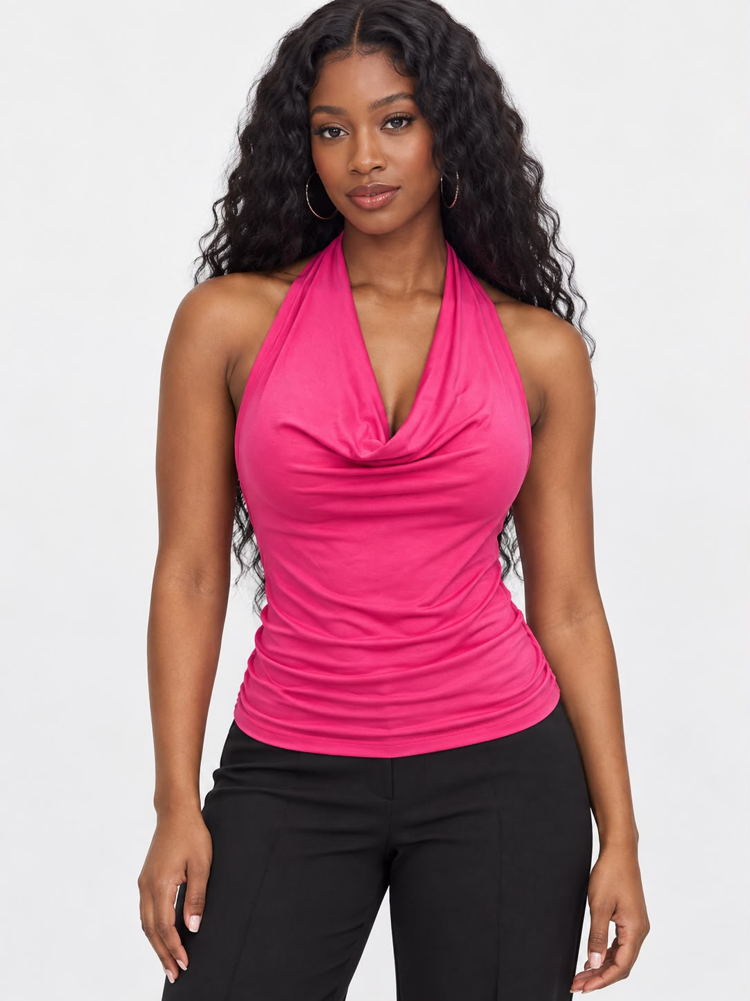 Pink ruched halter cowl neck top
