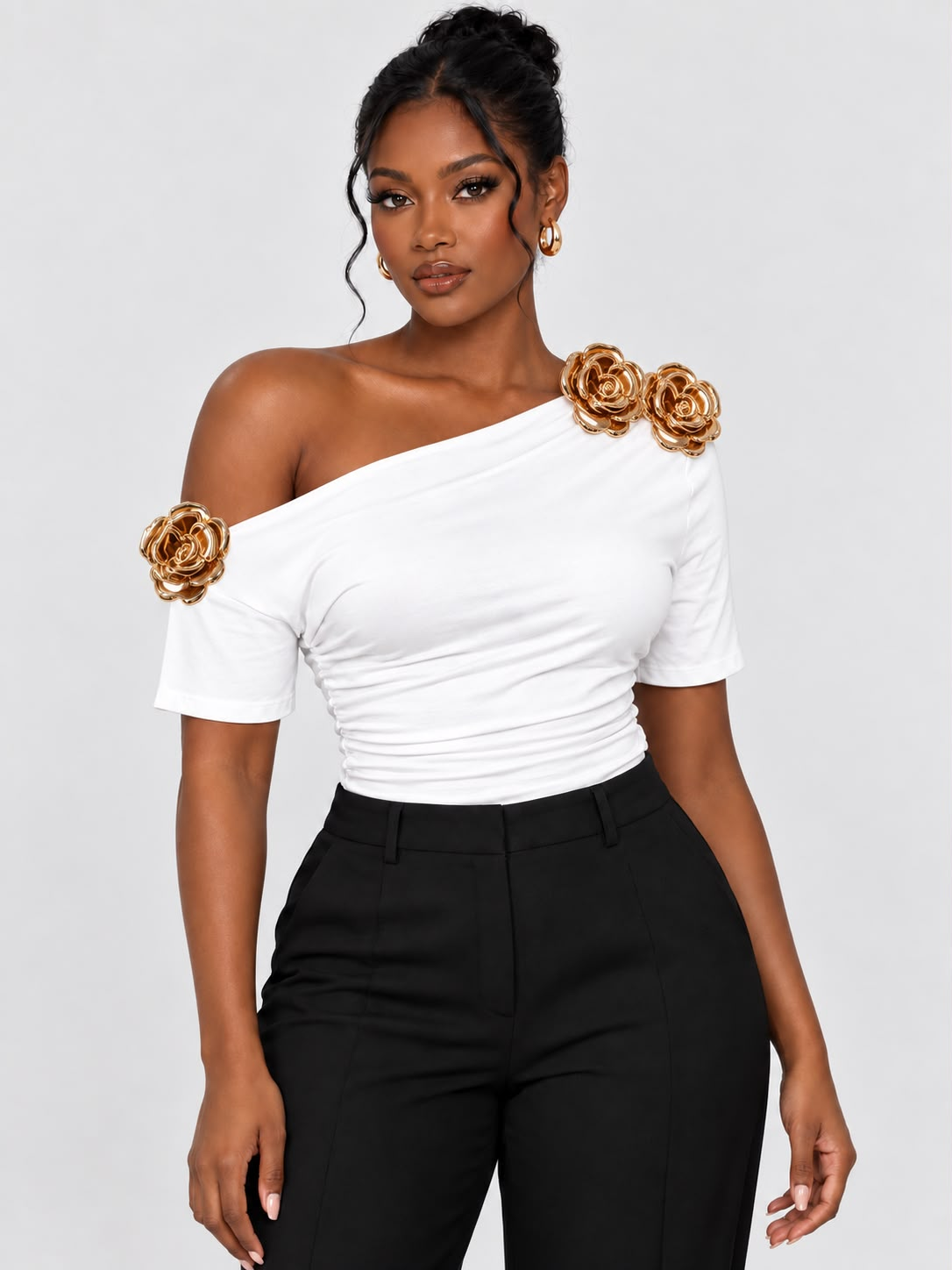 White one-shoulder ruched top with gold rose appliques