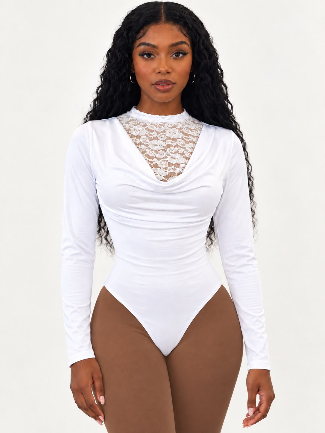 White long-sleeve bodysuit with lace panel and cowl neckline