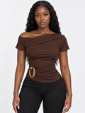 Brown ruched off-shoulder cotton top with buckle detail