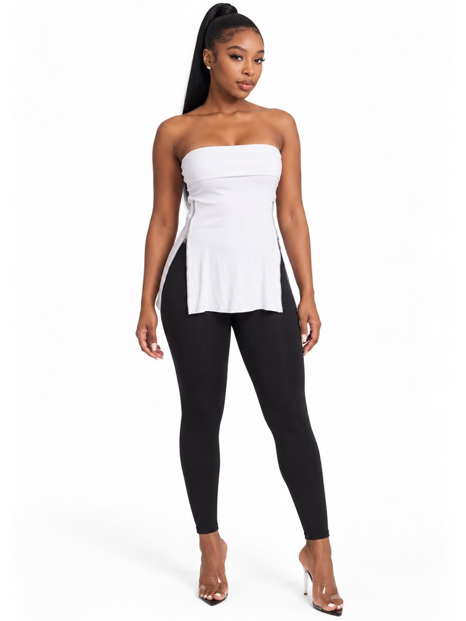 White strapless bandeau top with side-slit detail