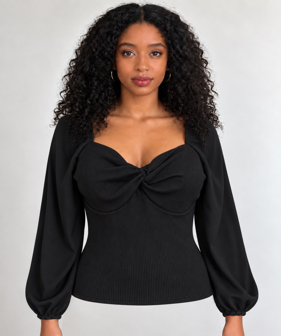 Black long-sleeve twist-front puff sleeve blouse